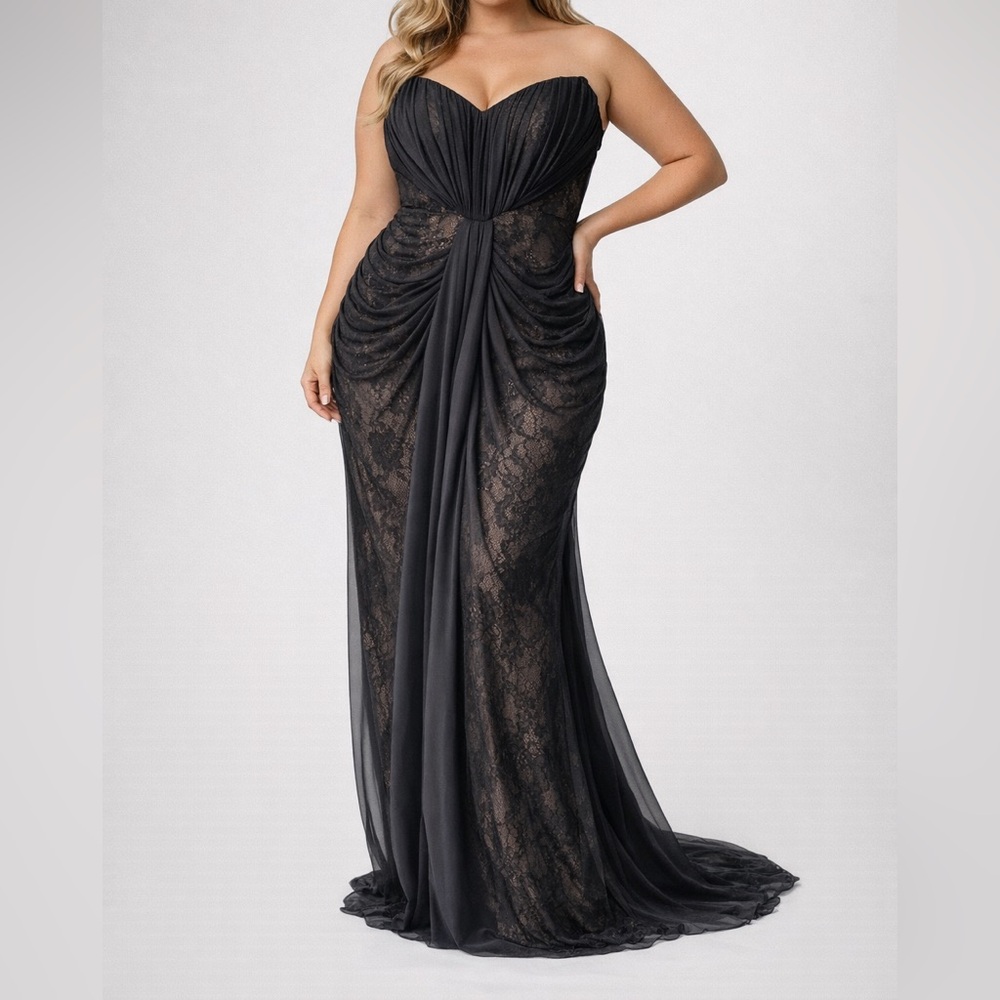 City Chic Lace Ruched Sexy Gown Strapless Dress Long M/18
